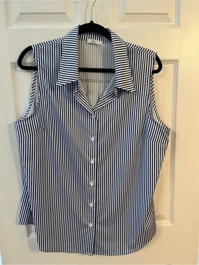 Sleeveless Blue and White Striped Button-Down Shirt - Classic Collar